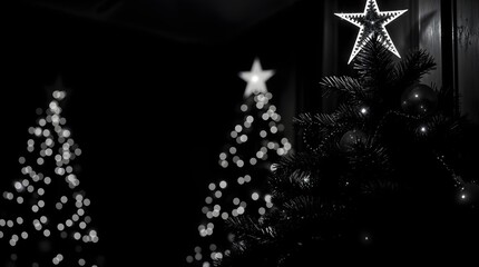 Black and White Christmas Tree with Star and Lights in Dark Room
