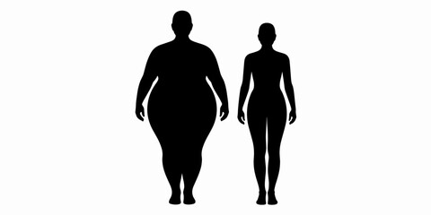 Obese overweight vs slim fit women black silhouette comparison, weight loss concept