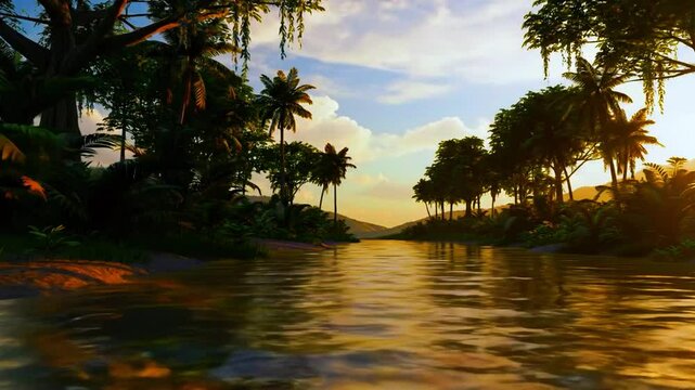 Sungai lembah tropis saat matahari rendah, sinar tembus pepohonan, Realistis, 3D look (cinematic), Statis (kamera diam), Smooth (gerakan tidak tersendat), 4K resolusi, Loopable seamless