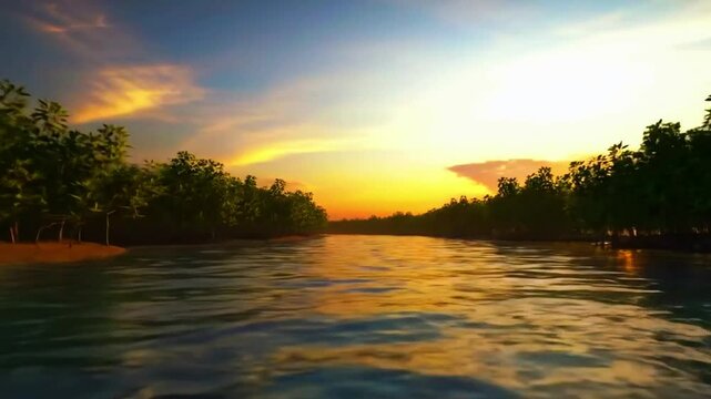 Sungai di hutan mangrove sore, sinar terbenam jingga, air reflektif, Realistis, 3D look (cinematic), Statis (kamera diam), Smooth (gerakan tidak tersendat), 4K resolusi, Loopable seamless