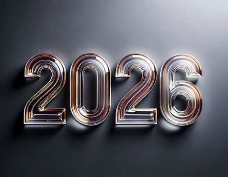 Shiny, metallic "2026" numerals on a dark, smooth surface, casting a subtle shadow.