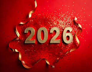 Gold numerals "2026" nestled in red glitter, framed by elegant gold ribbon curls.