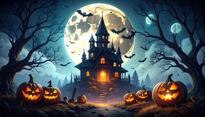 Fototapeta premium Spooky Halloween night with a haunted house or castle silhouette, bats, and pumpkins under a full moon, perfect for a dark autumn party illustration