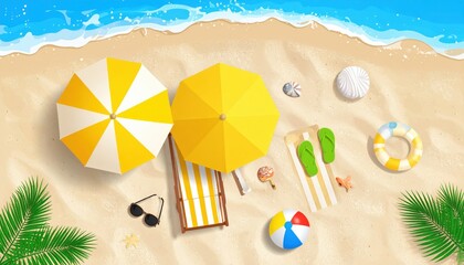 Bright tropical beach vacation with colorful toys, an umbrella in the sand, and a sunny ocean view