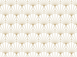 Luxurious and elegant seamless hexagon pattern featuring a repeating Art Deco-inspired fan motif, outlined in gold lines on transparent background. This design evokes vintage glamour