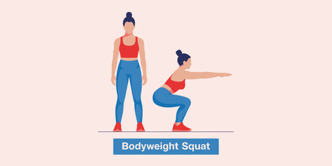 Woman doing bodyweight squat exercise illustration. Fitness, exercise, workout.