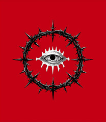 Surreal illustration of an eye with rays, surrounded by a crown of thorns on a bold red background, symbolic and striking.