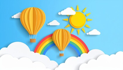 Abstract vector illustration of a summer sky with clouds, sun, and rainbow rays