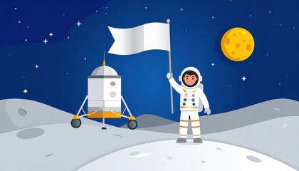A lone cartoon astronaut floats in the night sky with the moon and a festive Christmas tree, surrounded by winter stars and a distant house