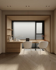 Corner view of classical bedroom interior with bed and work white table with laptop, carpet on hardwood floor. Cozy rest and work zone. Panoramic window on Bangkok skyscrapers. 3D rendering