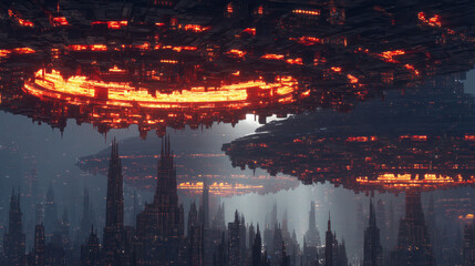 Futuristic cityscape with massive glowing alien motherships hovering over tall skyscrapers in a moody sci-fi atmosphere.
