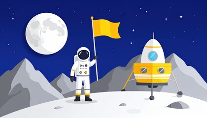 A lone cartoon astronaut floats in the night sky with the moon and a festive Christmas tree, surrounded by winter stars and a distant house