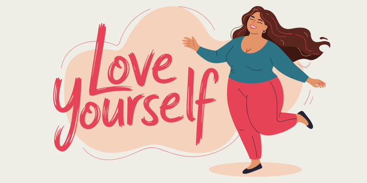 Happy plus size woman smiling, love yourself, body positivity, one person, lifestyle, vector