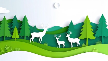 Vector illustration of a green summer forest landscape with a deer, cow, and sheep grazing in a grassy meadow under a blue sky