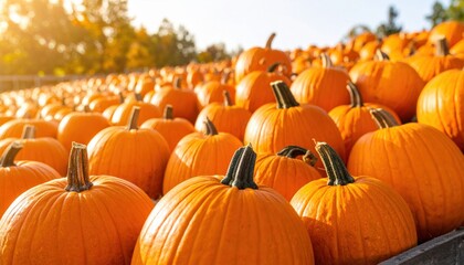 Here are pumpkins on a farm, an orange autumn harvest for Halloween or Thanksgiving