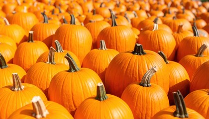 Here are pumpkins on a farm, an orange autumn harvest for Halloween or Thanksgiving