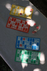 outdoor lotto game. colorful cards with numbers and barrels on beige tablecloth