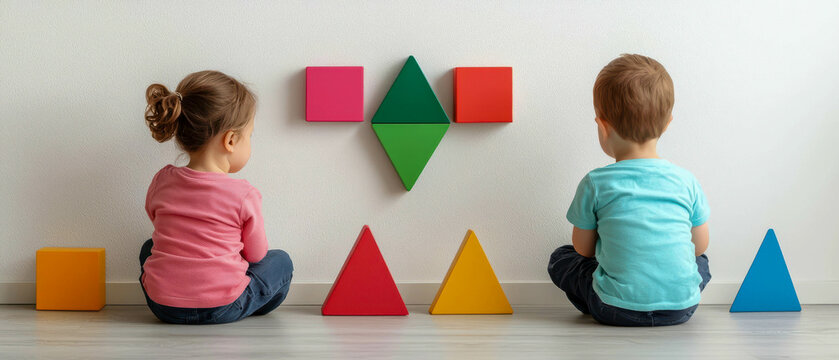 early childhood education with cognitive growth and interactive teaching. Preschoolers exploring magnetic tiles, developing spatial awareness and creativity