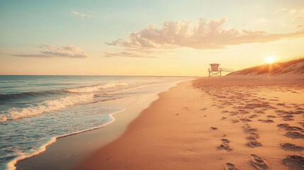 serene beach at sunset with golden sand, gentle waves, and lifeguard tower in distance. sky is painted with warm hues of orange and pink, creating tranquil atmosphere.