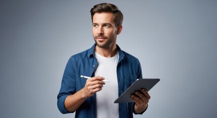 Young caucasian male holding tablet and stylus against gray background