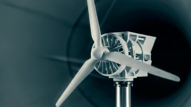 Close Up of a White Turbine Model with Three Blades Against Blurry Gray Background in a Wind Tunnel with a Focus on Innovation and Power Generation