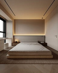 Corner view of classical bedroom interior with bed and work white table with laptop, carpet on hardwood floor. Cozy rest and work zone. Panoramic window on Bangkok skyscrapers. 3D rendering