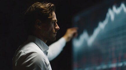 CEO reviewing yearly revenue curve on a high tech digital display