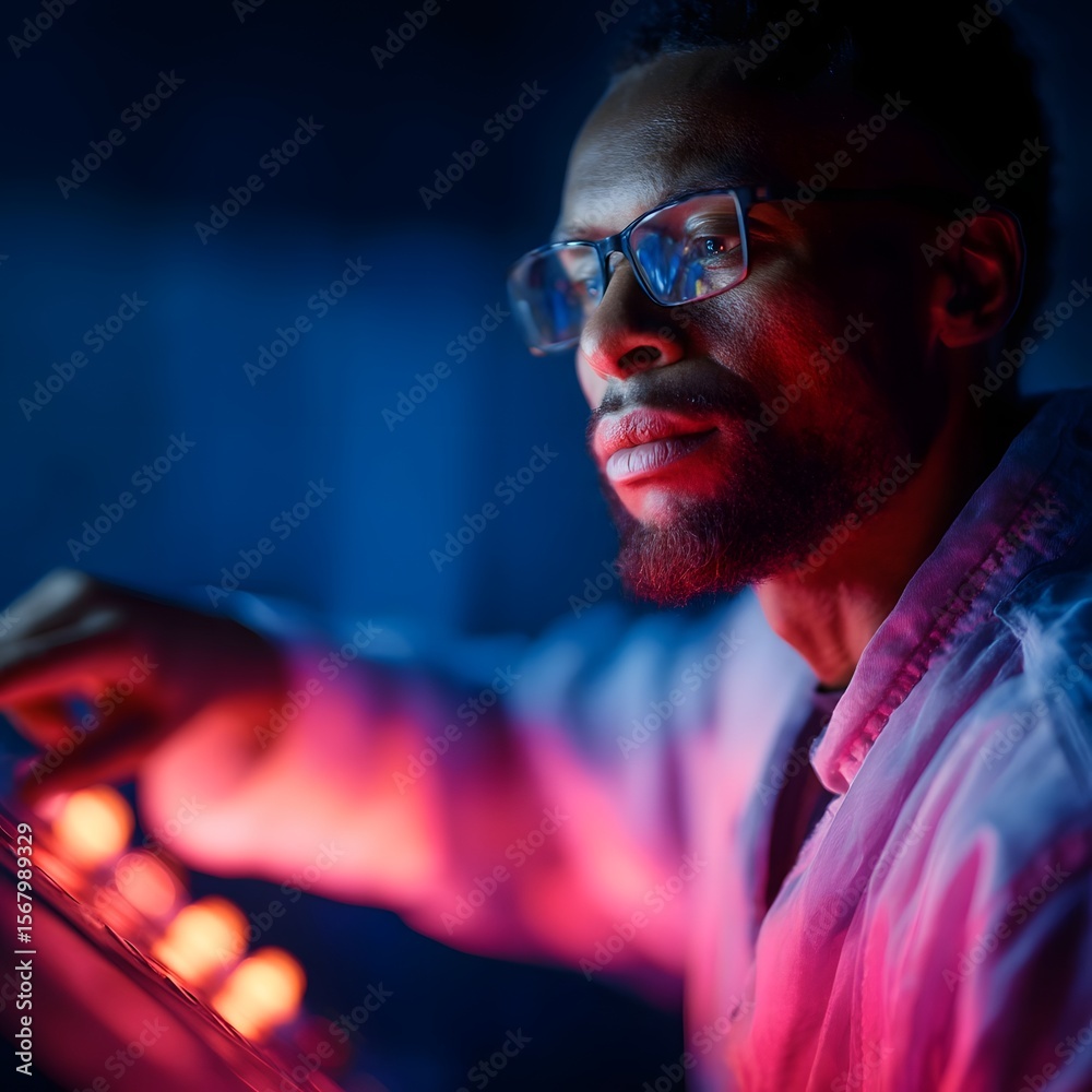 Poster an engineer operating a futuristic control panel with virtual buttons in a neon lit environment