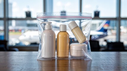Travel cream bottle collection in clear TSA security bag at airport terminal with blurred aircraft background showcasing various cosmetic containers