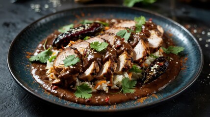 Pasilla chile chicken mole with sliced grilled breast over rice, garnished with cilantro and sesame seeds on dark ceramic plate