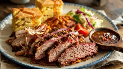BBQ platter with sliced brisket, cornbread, baked beans and coleslaw on ceramic plate with barbecue sauce