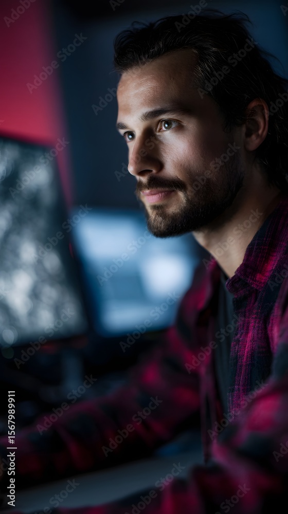 Poster a focused engineer working on a 3d model in a tech lab