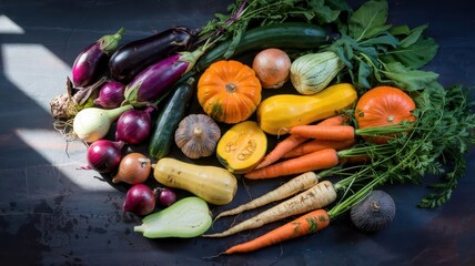 Fresh harvest vegetables collection featuring colorful autumn produce including eggplants pumpkins carrots and leafy greens arranged on dark surface