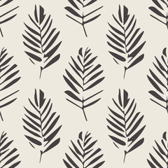 Palm seamless pattern of stylized palm leaves in dark colors on beige background. Tropical plant shades of creating a layered botanical design. Nature exotic endless leaves vector illustration.