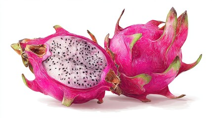 Illustration of a Bright Pink Dragon Fruit Whole and Halved with White Flesh