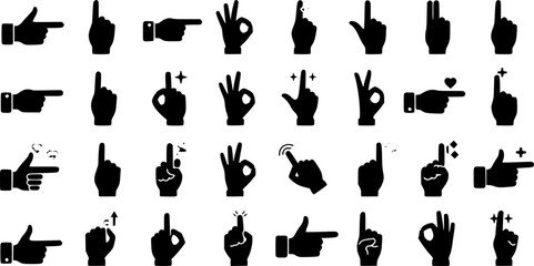 Black Silhouette Hand Gestures: Pointing, OK, and Various Hand Signs
