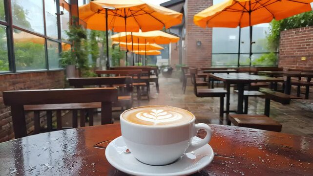 Coffee cup on wet table under umbrellas in outdoor seating area during rainy weather scene. 
Coffee on a rainy outdoor table. Latte art in a cozy caf&eacute;. Warm drink under orange umbrellas