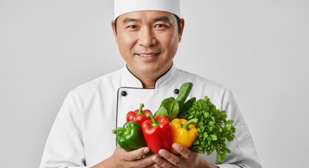 Asian male chef holding fresh vegetables with smile