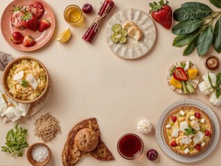 An inviting food arrangement featuring fresh fruits, tarts, and various dishes