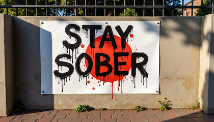 Stay sober banner with red splash on wall in outdoor setting  