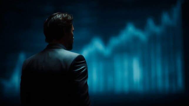 A man in a suit examining a budget projection dashboard on a glowing LED screen