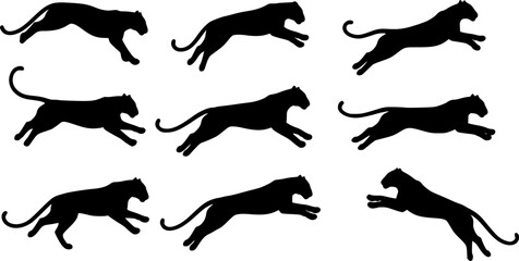 Black Panther Silhouettes: Dynamic Jumping Poses on White Background
