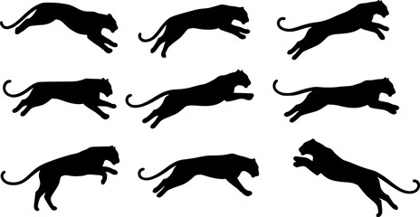 Black Panther Silhouettes: Dynamic Jumping Poses on White Background
