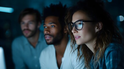 A diverse team of employees discussing financial KPIs on a large monitor under soft blue lighting