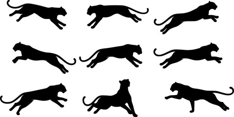 Black Panther Silhouettes: Dynamic Jumping Poses on White Background
