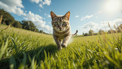 playful tabby cat with striking green eyes walks confidently through lush green field under bright blue sky with scattered clouds, evoking sense of freedom and curiosity