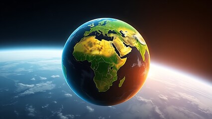 Earth globe floating in space, lush green continents glowing with an atmospheric effect.