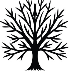 Stylized silhouette of a bare tree with a thick trunk and spreading branches against a white background