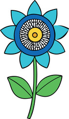 A stylized vibrant blue flower with a detailed yellow and white center set against a clean white background with green leaves and stem