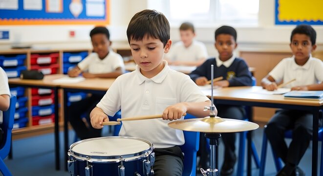Young Boy Plays Drum in Classroom, Focused on Music Lesson, Education Concept.